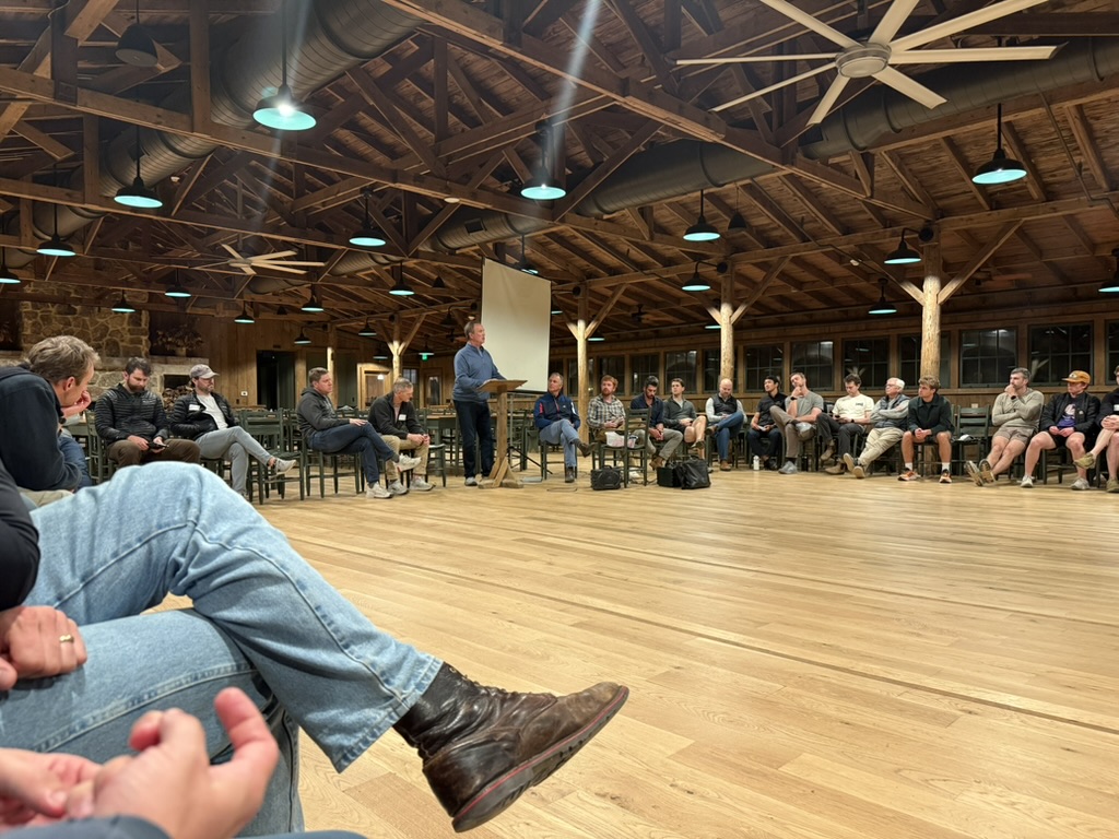 Men gathered in the main hall